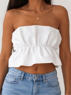 Zara White Strapless Ruffle Crop Top Bandeau Peplum Size M
